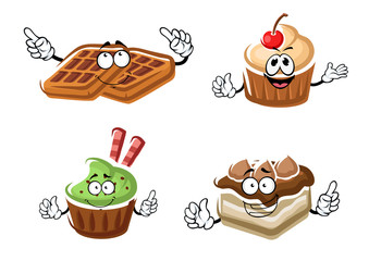Cartoon cupcakes, cake and belgian waffle