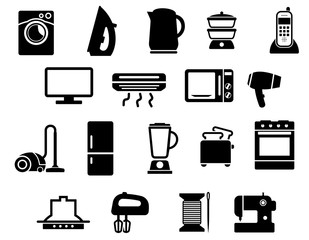 Home appliances black icons set