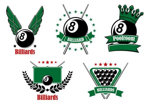 Billiards and pool emblems with cues