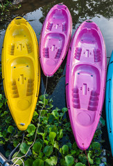 Kayaks in river Colorful plastic boat..