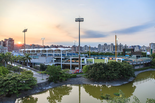 Xinzhuang baseball field at sunset.