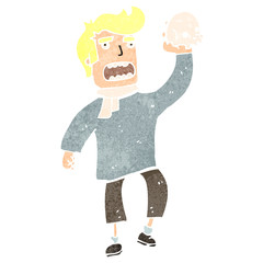 retro cartoon blond actor holding skull