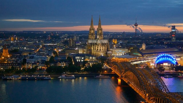 Cologne Cathedral and Hohenzollern Bridge. Cologne, Germany. Panning shot