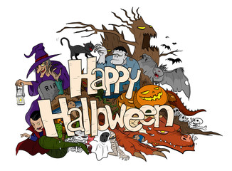Happy Halloween Doodle, a hand drawn doodle illustration of Happy Halloween theme, filled with Halloween themed creatures and characters, isolated on a white background.