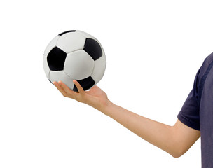 man holds a soccerball in hand