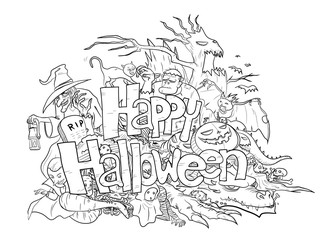 Happy Halloween Doodle (black & white), a hand drawn doodle illustration of Happy Halloween theme in black & white, filled with Halloween themed creatures and characters.