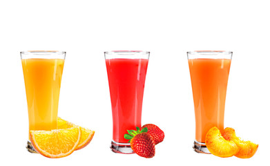 juice from orange, strawberry and a peach the isolated