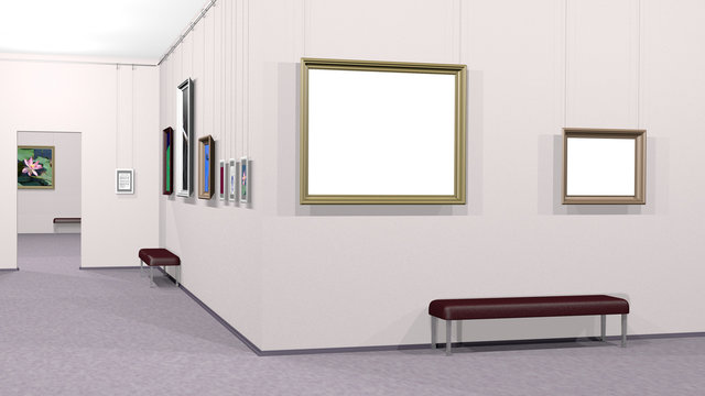 Art gallery interior with framed pictures including two white copyspace canvases. Rendered 3d design