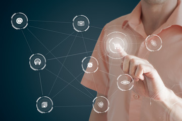 Hand press on shopping sign cart web icon