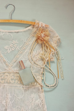 vintage white crochet lace top with pearls necklace,perfume