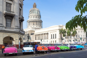 Kuba Havanna amerikanische Oldtimer parken in Reihe vor dem Capitol