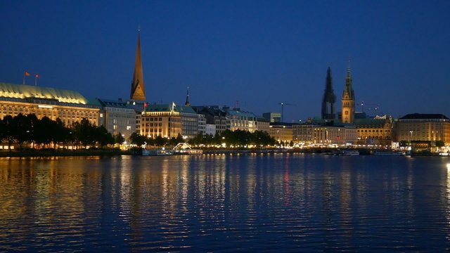 The Alster lake and city center of Hamburg, Germany. Panning shot