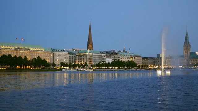 The Alster lake and city center of Hamburg, Germany. Panning shot