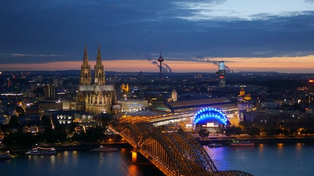 Cologne Cathedral and Hohenzollern Bridge. Cologne, Germany. Night shot