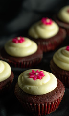 Red Velvet Cupcakes.
Sweet Red Velvet Cupcakes with floral design on top of cream. Isolated on a black background