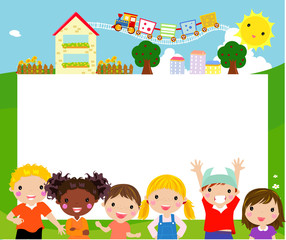 Obraz na płótnie Canvas Group of happy children and banner