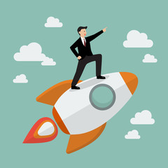 Businessman standing on a rocket