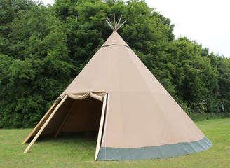A Large Brown Canvas Wigwam Style Tent Shelter. © daseaford