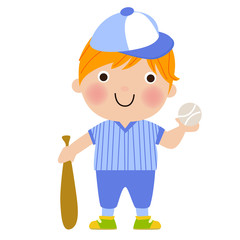 Cartoon Vector Illustration of Funny Boy Baseball Player with Bat and Ball