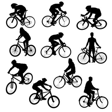 Set of People on Bikes-Silhouettes. Vector Image