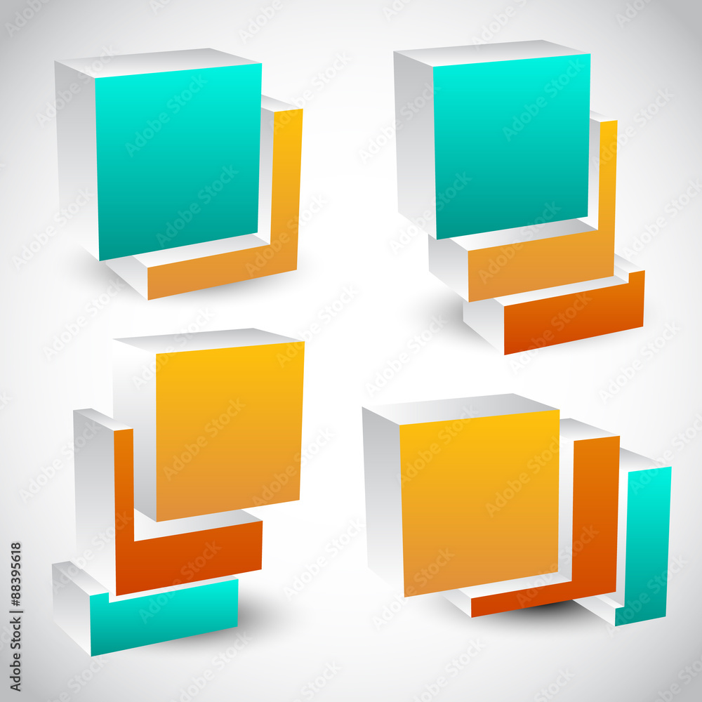 Poster Set of various overlapping cubes on white. Abstract 3d icons.