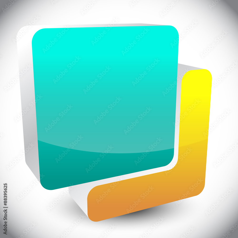 Poster two overlapping cubes in 3d with perspective. editable vector ic