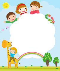 Obraz na płótnie Canvas Color frame with group of kids and giraffe,background.