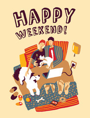 Naklejka premium Happy weekend home bad family and pets