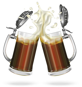 Two mugs with cap with ale, dark beer. Mug with cap with beer. Vector