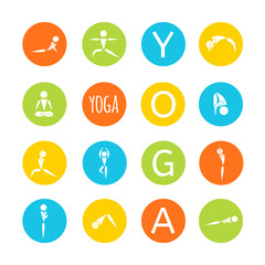 flat designed bright round icons for yoga poses