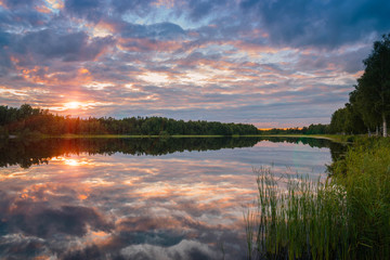 the sky beautiful sunset on the lake, Finland