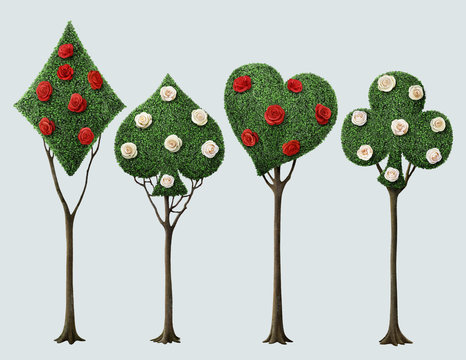 Set of four bizarre trees with card suits and roses 