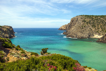 View of Cala Domestica (Sardinia). Cliff, flowers, a beautiful green and blue sea and cloudy sky 