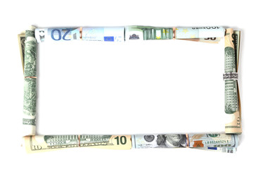 Валюта на белом фоне сложенная в форме рамки