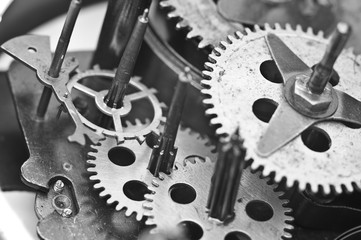 Black white Cogwheels Clockwork. Macro