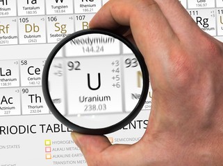 Uranium symbol - U. Element of the periodic table zoomed with ma © vchalup