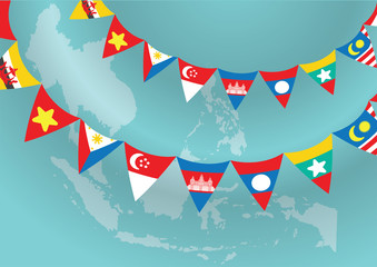 flat Asean triangle garland flag on Asian map background vector