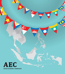 flat Asean triangle garland flag on Asian map background vector