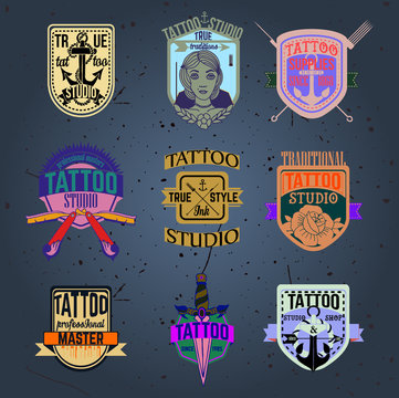 Colorful tattoo logos and badges vector set