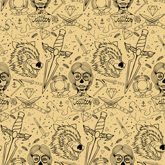 Tattoo seamless pattern with different hand drawn elements