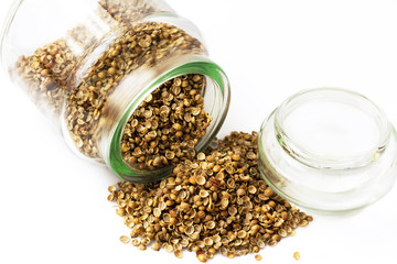 Coriander in glass jar on white background