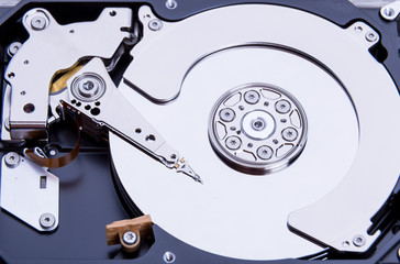 Close up of open computer hard disk drive