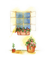 watercolor painting of house with windows and flowers