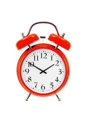 close up of a red bell clock (alarm clock) isolated on white bac