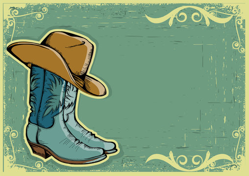 Cowboy boots .Vector image  with grunge background for text