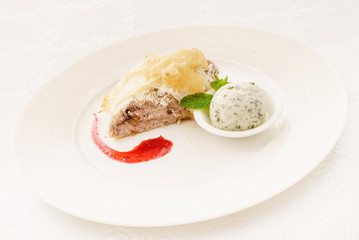 tasty strudel with ice cream