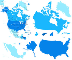 Vector illustration of North America map and country contours.
