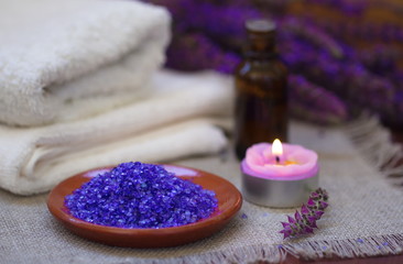 Obraz na płótnie Canvas Lavender spa with sea salt and dried lavender