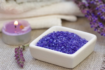 Fototapeta na wymiar Lavender spa with sea salt and dried lavender