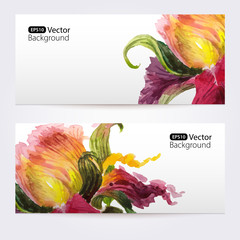 Two floral watercolor banners with iris flowers